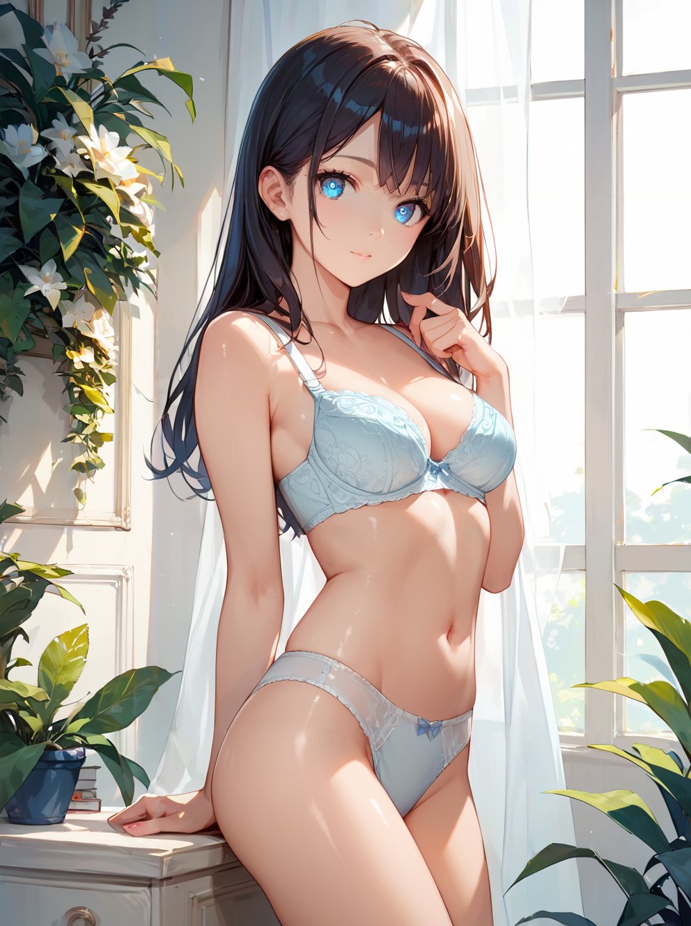 score_9, score_8_up, score_7_up,source_anime, high res image,masterpiece,best quality,girl,cute face,clear skin,shiny hair,ultra detailed eyes,underwear only,bra,panties