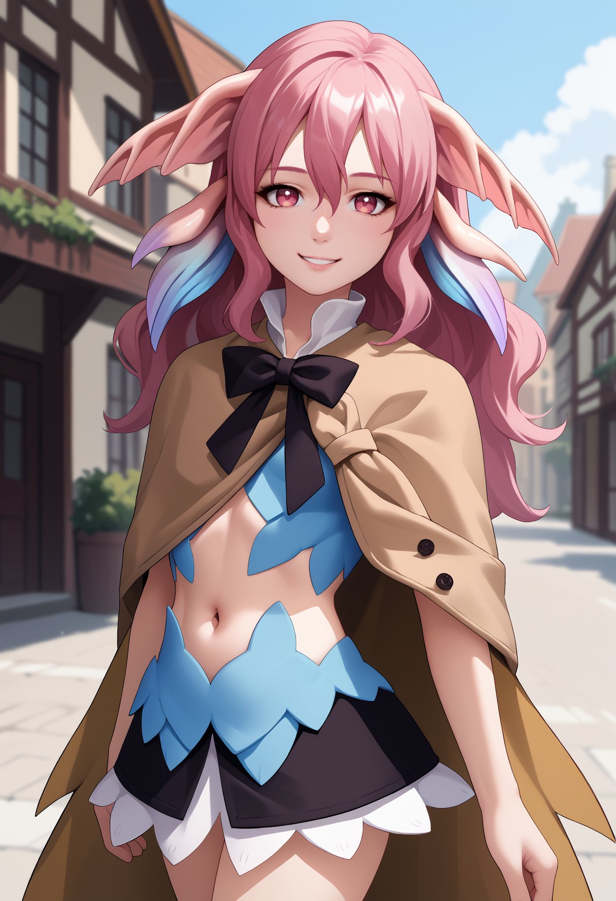 score_9, score_8_up, score_7_up, source_anime, <break> solo, 1girl, rf3pia, monster girl, smile, looking at you, standing, pink hair, head fins, pink eyes, brown cape, black bowtie, short dress, black skirt, midriff, navel, outdoors, town<segment:yolo-face_yolov8m.pt,0.4,0.5//cid=1>