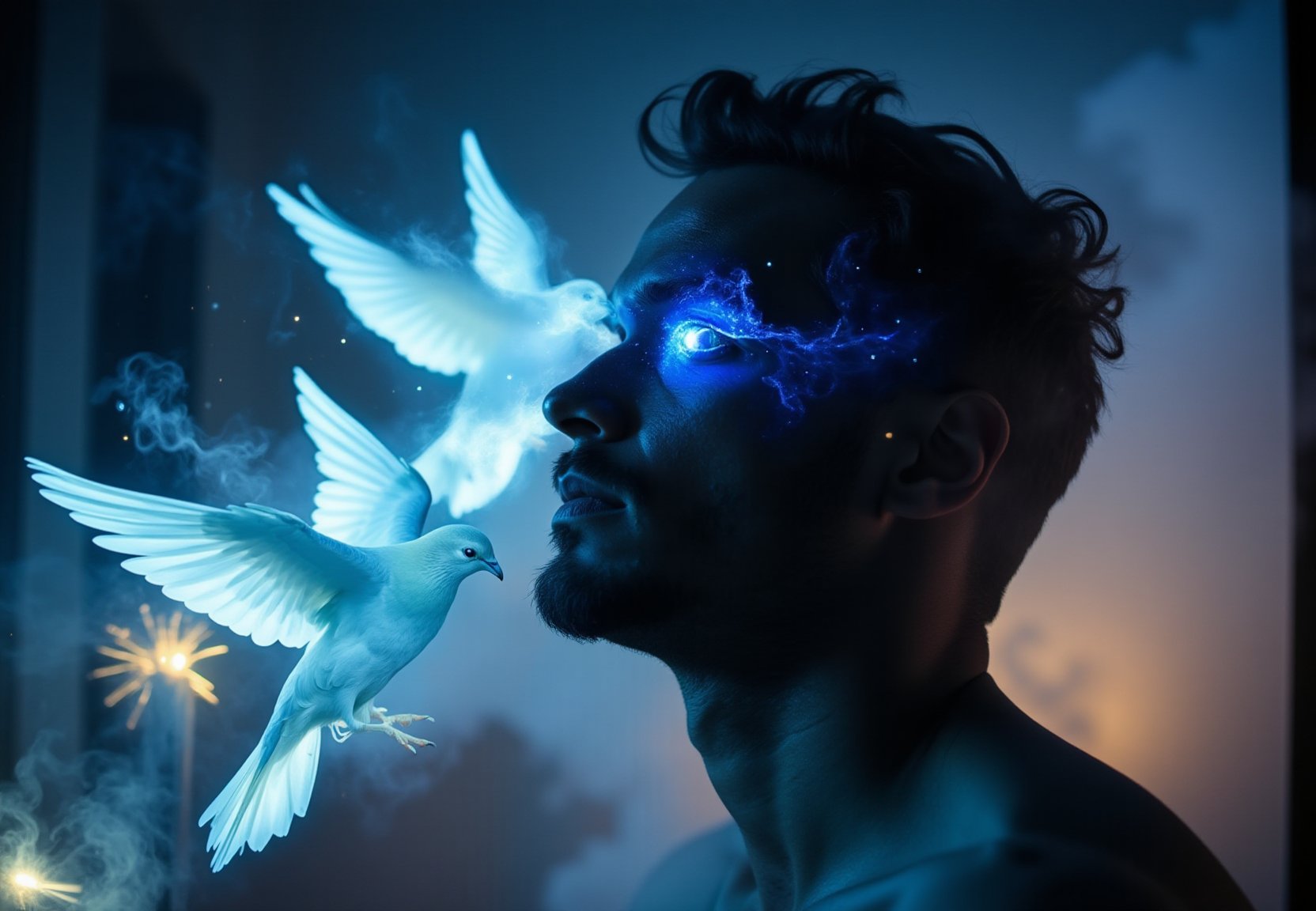 Bioluminescent,evangsurreal,surrealism,glitter, Render a chiaroscuro portrait of a man in profile with ectoplasmic doves erupting from his right eye socket, their forms coalescing from diaphanous ether. Employ a tenebrist approach to lighting, emphasizing the contrast between the subjects illuminated features and the crepuscular background. The man, his countenance etched with stoic resignation, should possess a Byronic allure, his gaze directed heavenward. Utilize an oblique camera angle to accentuate the subjects ethereal transcendence. The background should dissolve into an indistinct sfumato, further emphasizing the subjects otherworldly connection.