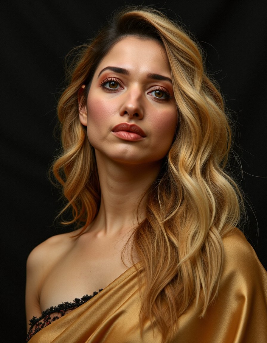 TamannaFlux,<lora:TamannaFluxV1:1.3>,an oil painting of a blonde woman with brown eyes, in the style of charlie bowater, martiros saryan, digital art techniques, dark black and beige, casey childs, raw and edgy, wavy TamannaFlux,<lora:TamannaFluxV1:1.3>, portrait of woman in a saree.