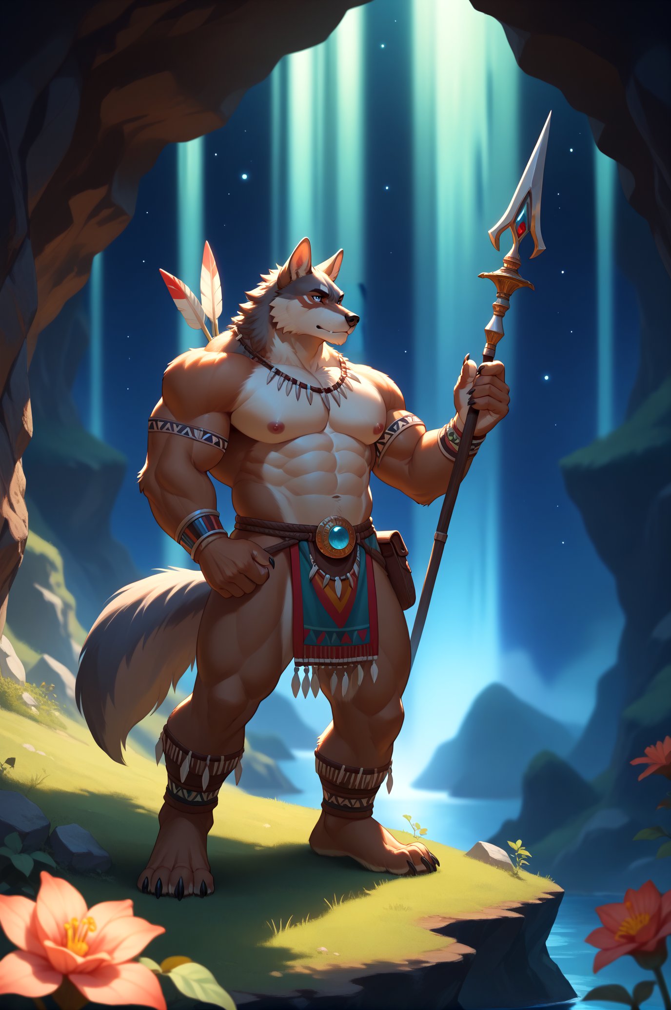 score_9,score_8_up,score_7_up,score_6_up,furry,kemono,high quality,tail,rating_explicit,embedding:zPDXL3 BREAK male furry,(bara),huge plump Chest Muscles,perfect anatomy,claw,eye details,8k,masterpiece,sexy,(rainbow gradient bioluminescent dress),(starry night background),nebula,aurora,((outdoors)),dark background,from below,Sitting person looks up,gray wolf,long straight 1spear,Tribal style clothes,clear river,ice cave,sunset,5finger,tribal  arm rings,claw,eyes details,details 5finger,details hand,