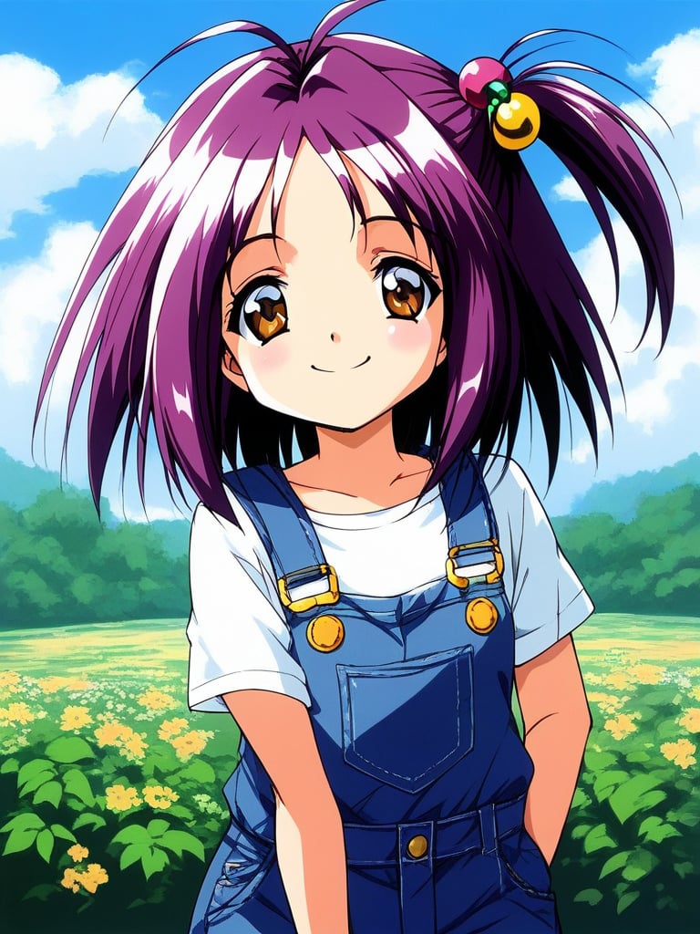 score_9, score_8_up, score_7_up, source_anime, rating_explicit, BREAK  <lora:Kotobuki_Miyuki_XL:0.9> Kotobuki_Miyuki, purple hair, brown eyes, short hair, chibi, 1girl, solo, overalls, hair ornament, hair bobbles, plaid, one side up, shirt, smile, outdoor, sky,