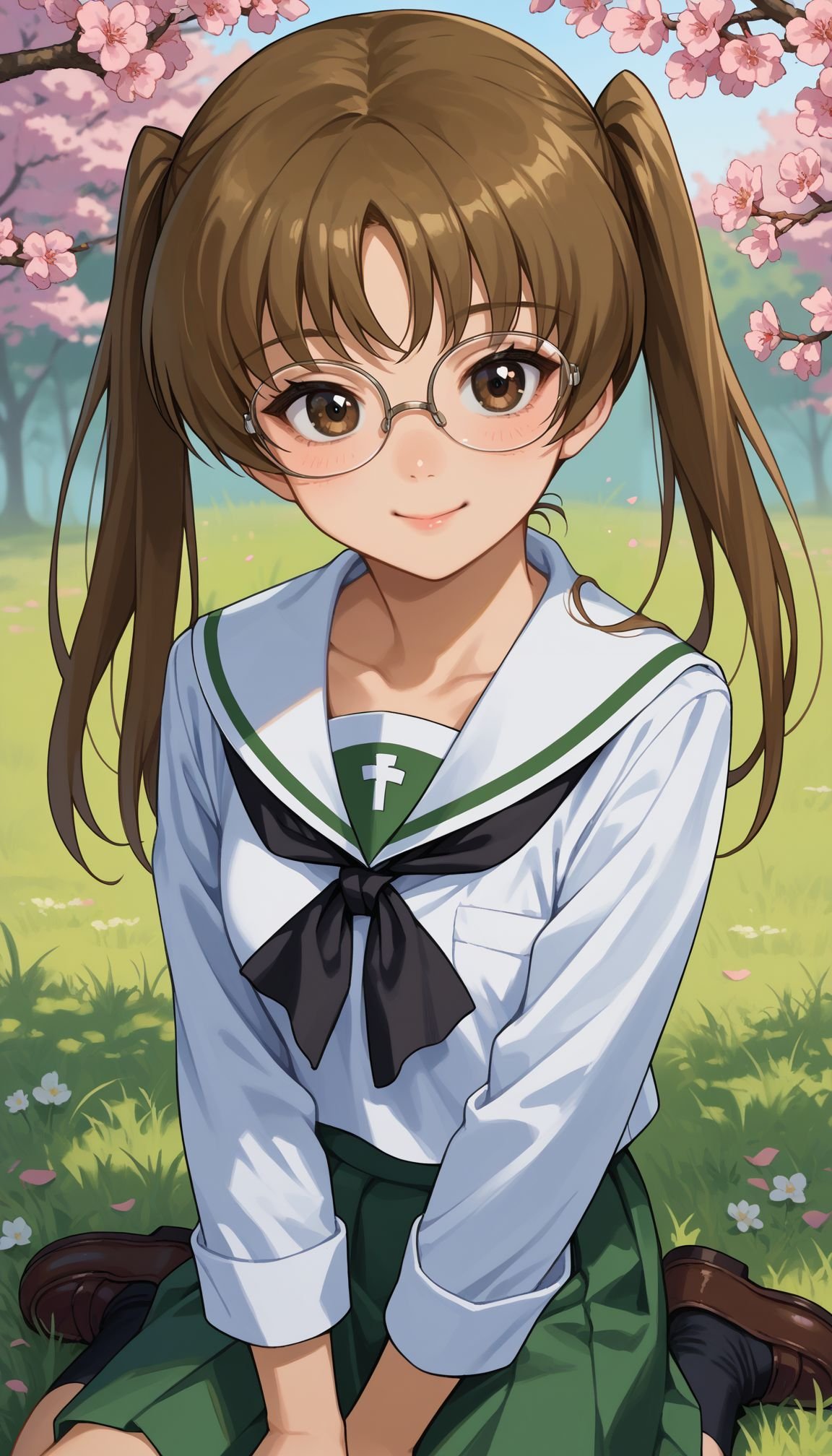 score_9, score_8_up, score_7_up, source_anime, outdoors,cherry blossoms,standing,cowboy, sitting on grass, smile, innoncent smile, close portrait <lora:GUPAya :1>, GUPAya , 1girl, glasses, twintails, brown eyes, brown hair, long hair, ooarai school uniform,white sailor collar,black neckerchief,white shirt,long sleeves,green skirt,black socks,loafers