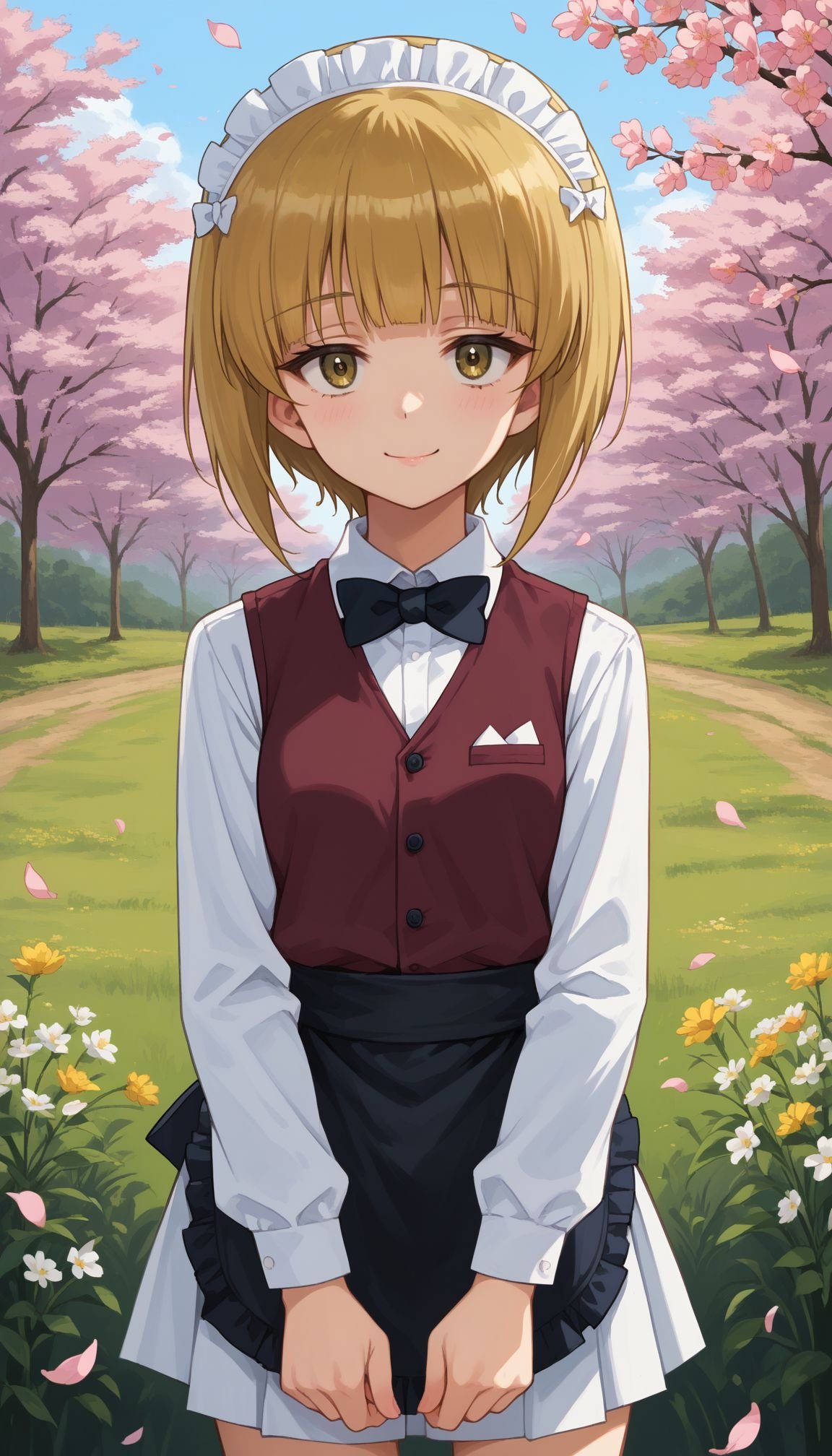 score_9, score_8_up, score_7_up, source_anime, outdoors,cherry blossoms,standing,cowboy shot,smile, flower field, eyes half closed,Cutlass _Girls_und_panzer, 1girl, blonde hair, maid headdress, short hair, waist apron, white skirt, long sleeves, yellow eyes, black bow, closed mouth, black bowtie, white shirt, miniskirt, pleated skirt, frilled apron, looking at viewer,, brown vest, blunt bangs, black apron, smile, wing collar, handkerchief, dress shirt, frills, school uniform, white apron, bartender,  <lora:Cutlass:1>