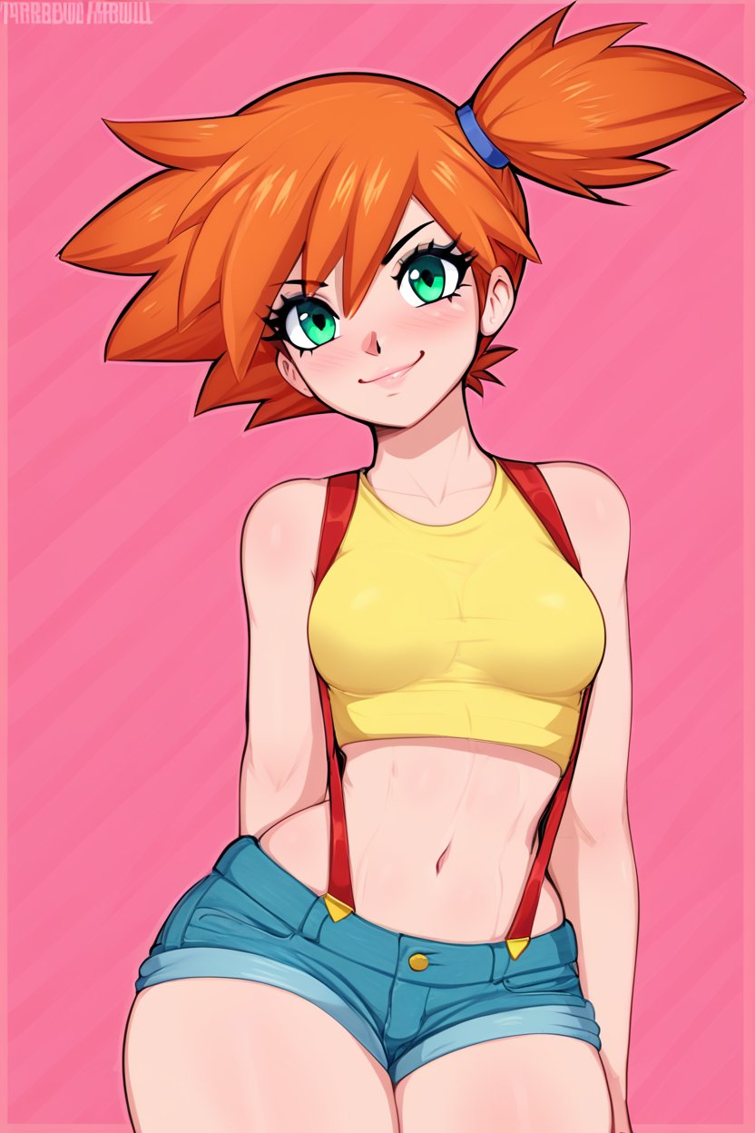 score_9, score_8_up, score_8, medium breasts, (curvy), cute, eyelashes,       BREAK, , zzMisty, green eyes, orange hair, short hair, side ponytail, shorts, suspenders, midriff, yellow crop top, navel, denim shorts, <lora:Misty_Pokemon_PDXL_v2:0.8>, , BREAK, <lora:Afrobull_PDXL_v4:0.8>,  BREAK, smile, looking at viewer, closed mouth, cowboy shot,  embedding:zPDXL, Expressiveh,  <lora:SDXLFaeTastic2400:0.5>,  <lora:Expressive_H-000001:0.4>,