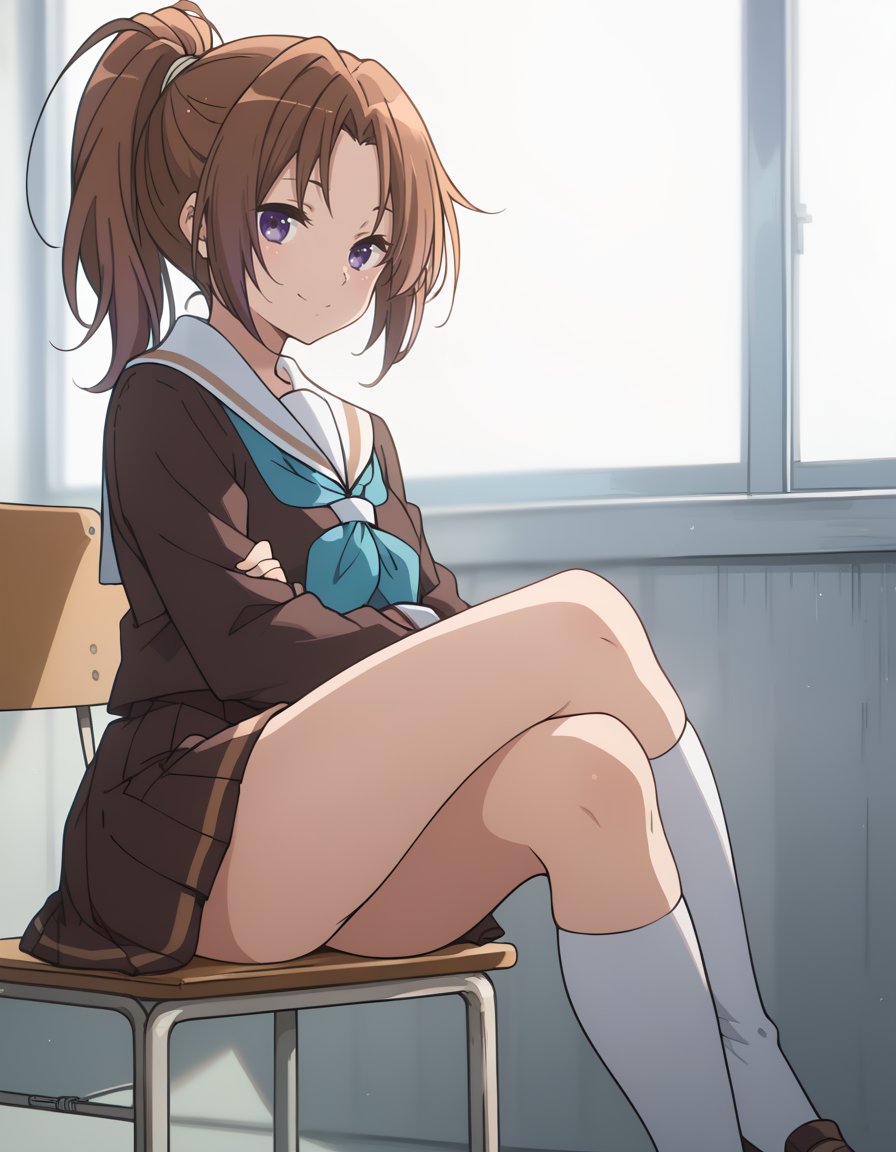 score_9, score_8_up, score_7_up, <lora:hibike!_euphonium_-_ natsuki_nakagawa:1>, nakagawa, long_hair, brown_hair, ponytail, purple_eyes, kitauji_high_school_uniform, long_sleeves, white_sailor_collar, brown_skirt, brown_shirt, blue_neckerchief, sitting_pose, legs_crossed, soft_smile, socks