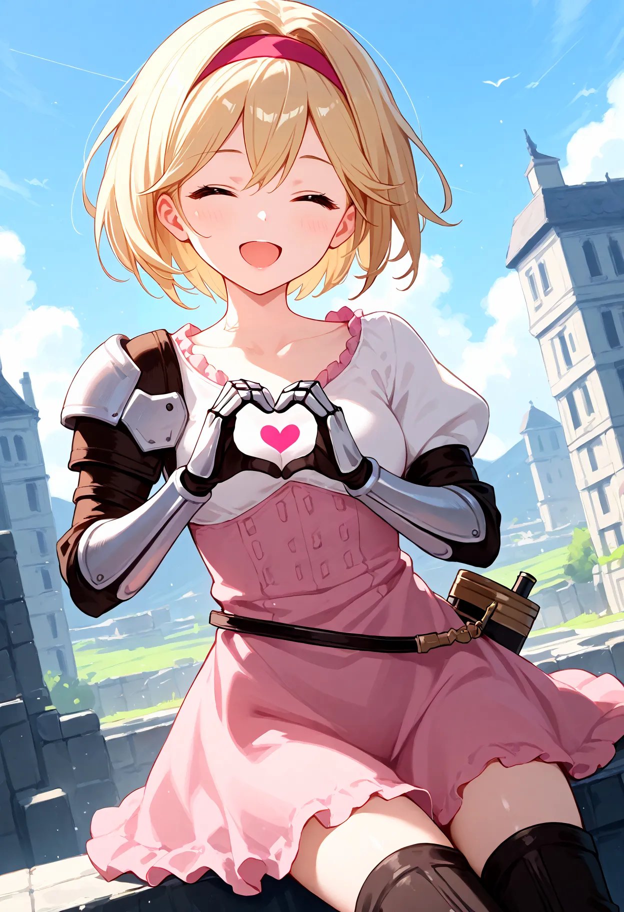 score_9, score_8_up, score_7_up, BREAK, best quality, masterpiece, very aesthetic, ultra detailed,very detailed background,BREAK,zPDXL3,Djeeta_Fighter, short hair, bangs, blonde hair,  brown eyes, collarbone, puffy sleeves, thigh boots,  pink dress,  gauntlets, sky,day,cloud,pink hairband, heart hand,happy,big_smile,sitting, dutch angle, closed eyes, open mouth,  <lora:Djeeta-ponyXL:1>