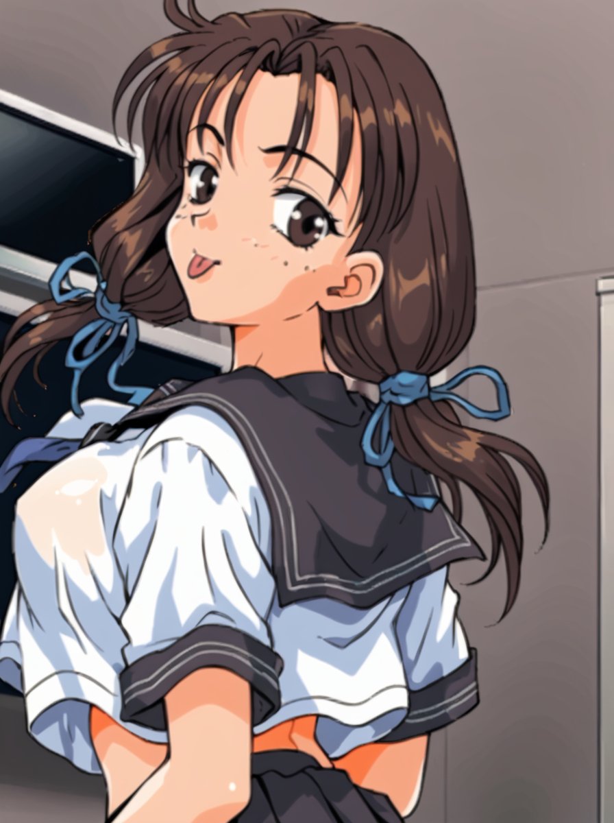 detailed background, shiny skin, <lora:galspanics.pony:0.9>,galspanics, kyouko,large breasts, school uniform, leaning , tongue, look back, half-closed eyes,, sexually suggestive, sexually aroused, light blush,