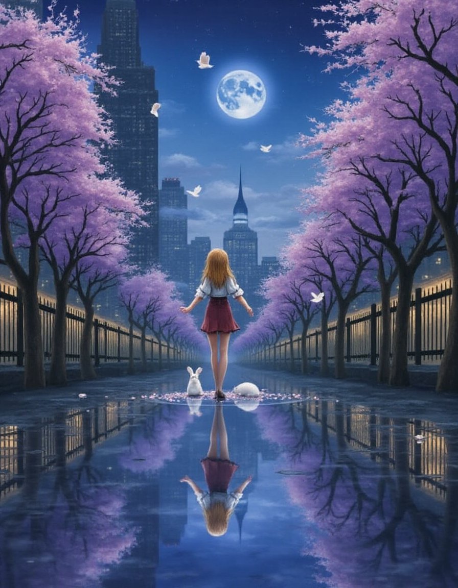 (masterpiece realistic:1.2),best quality,masterpiece,original,extremely detailed ,1girl,  brown hair, building, cherry blossoms, city,moon, night sky, rabbit, reflection, 