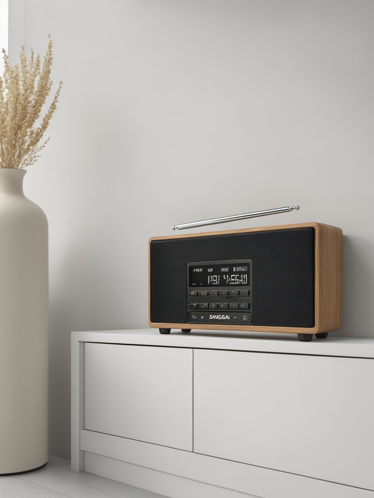 A photorealistic clear image of a sleek (Sangean radio:1.4) precisely (measuring 326 x 108 x 223.5 mm (12.83 x 4.25 x 8.8 in):1.2). The radio is a modern Bluetooth device with a ( light wooden grain finish on the top and sides:1.2), giving it a refined, classic look. (The front panel is black, with a digital display in the center that shows information such as the time and radio station:1.3). (Below the display, there are multiple tactile buttons arranged neatly, offering various controls for settings like tuning, volume, and preset radio stations:1.2). The radio is ( subtle rectangular in shape with (two square speakers on each side:1.3), and the control buttons and display are in the center:1.3), placed on the corner of a kitchen wall countertop. (Full Natural light:1.3 ) pours in from a nearby window, softly illuminating the radio and casting shadows on the countertop. The kitchen is modern with clean white cabinets, a marble countertop, and minimalist decor. The overall scene feels calm and organized, with the radio as the central focus, and the natural light enhancing its sleek, classic design,Radio,Brown wooden mini radio,Bluetooth radio  <lora:RADIO_BT nigthstand-000003:0.3> <lora:RADIO_BT-000003:0.3>