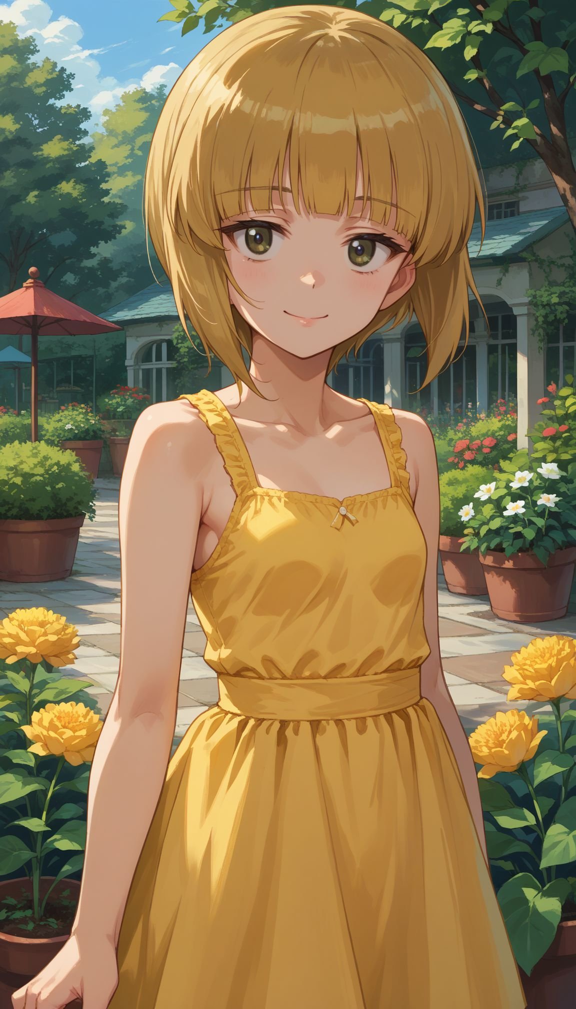 score_9, score_8_up, score_7_up, source_anime,Cutlass _Girls_und_panzer, 1girl, short hair, blonde hair,ellow eyes, small breasts, blunt bangs,yellow sundress, garden, day, sunshine, smile<lora:Cutlass:1>