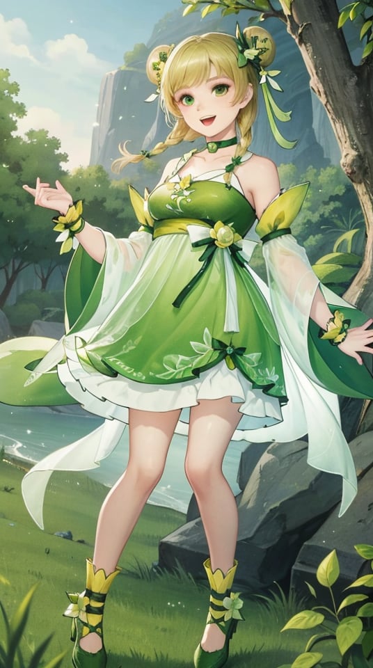 huaying, 1girl, green eyes, solo, braid, dress, twin braids, open mouth, green dress, full body, blonde hair, smile, detached sleeves, green ribbon, green footwear, choker, green theme, hair ornament, green bow, bangs, looking at viewer, green choker, bare houlders, hair bun, wrist cuffs, wide sleeves, double bun, bare legs, bug, hair flower, hair rings, outdoors, socks, yellow socks,  collarbone, outdoors,looking at viewer,<lora:huaying-10:0.7>