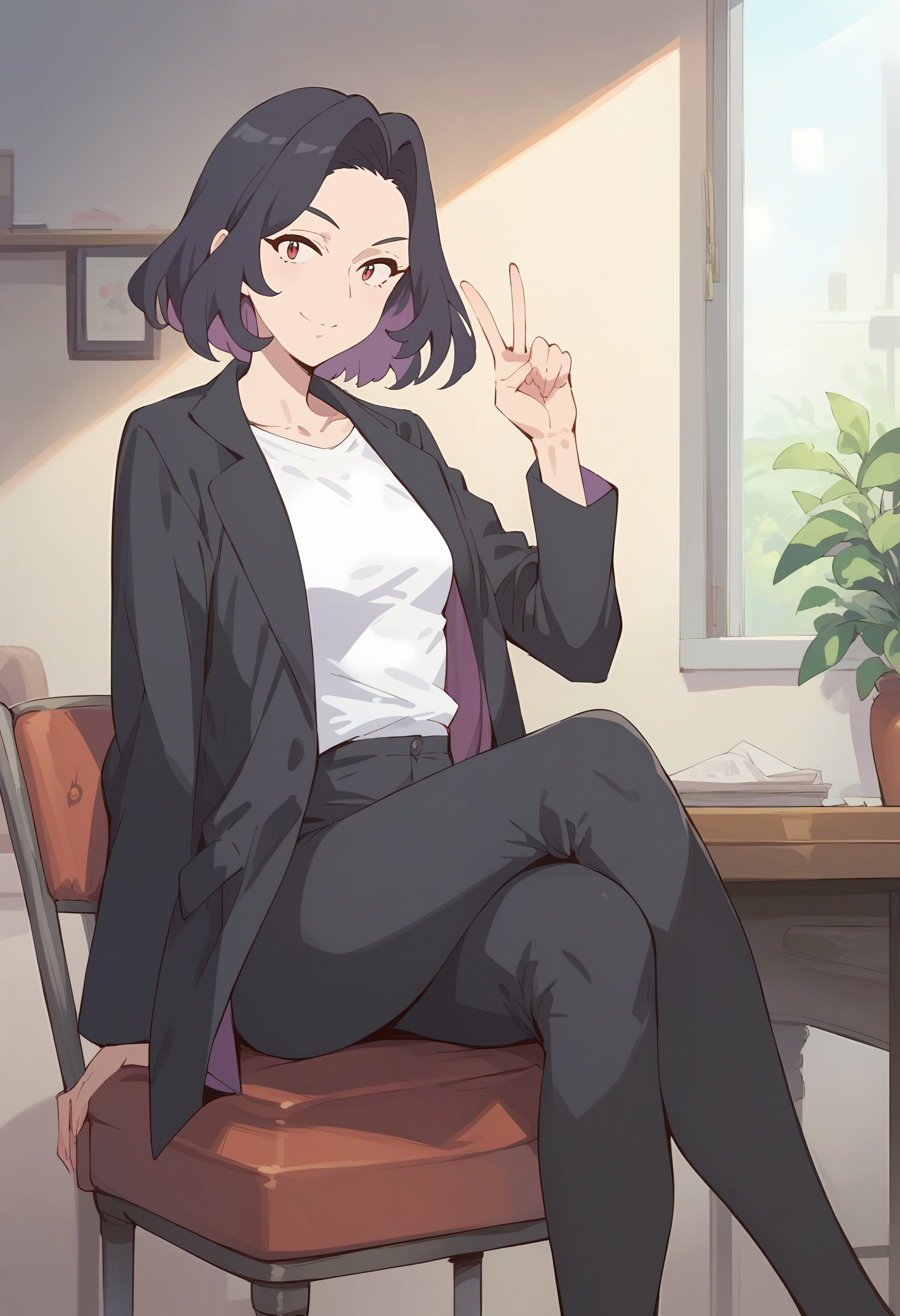 score_9, score_8_up, score_7_up, source_anime, uncensored, 1girl, solo, small breasts, straight-on, peace sign, light smile, looking at viewer, black jacket, white shirt, black pants, colored inner hair, indoors, table, sitting, on chair, crossed legs, <lora:purin mom 2:1>, purinmom,  