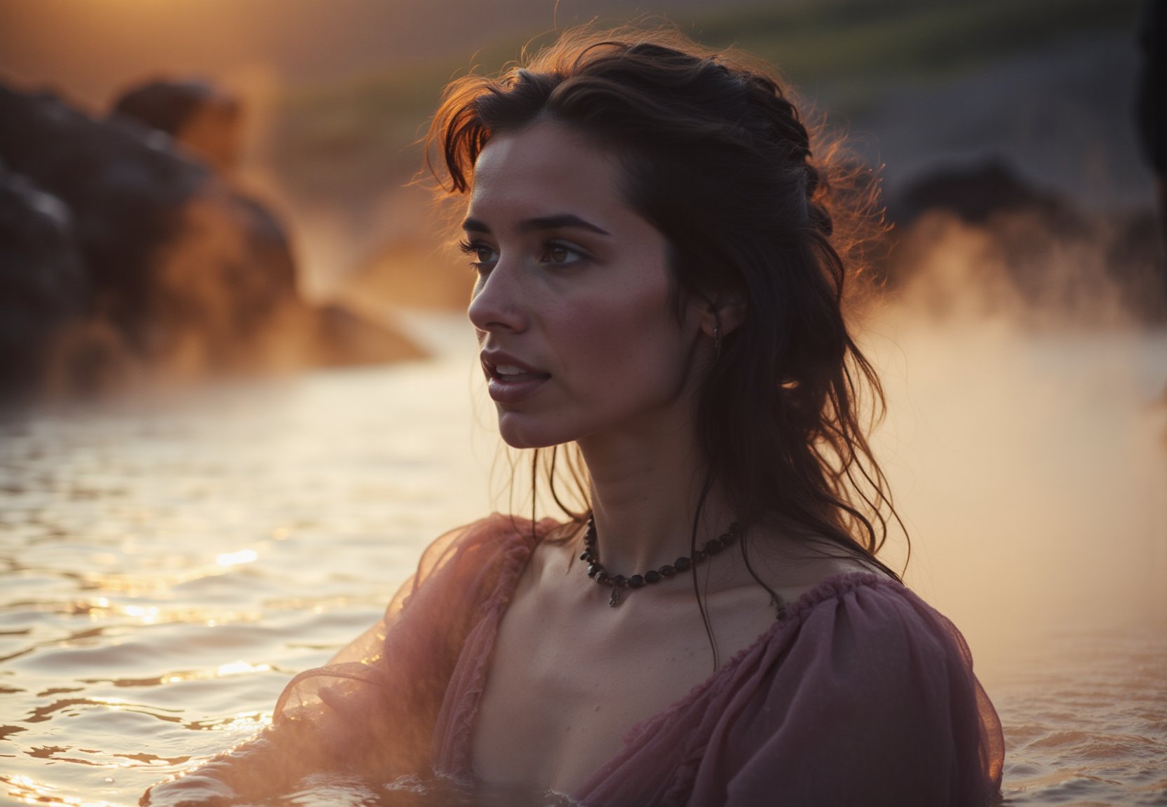 closeup of 20 year old scientist woman's face, rose dress, wide hips emerging from a still water in the pieceful iceland hot water spring, steam rising in red sunrise. exceptional photo, soft shadows, golden backlight