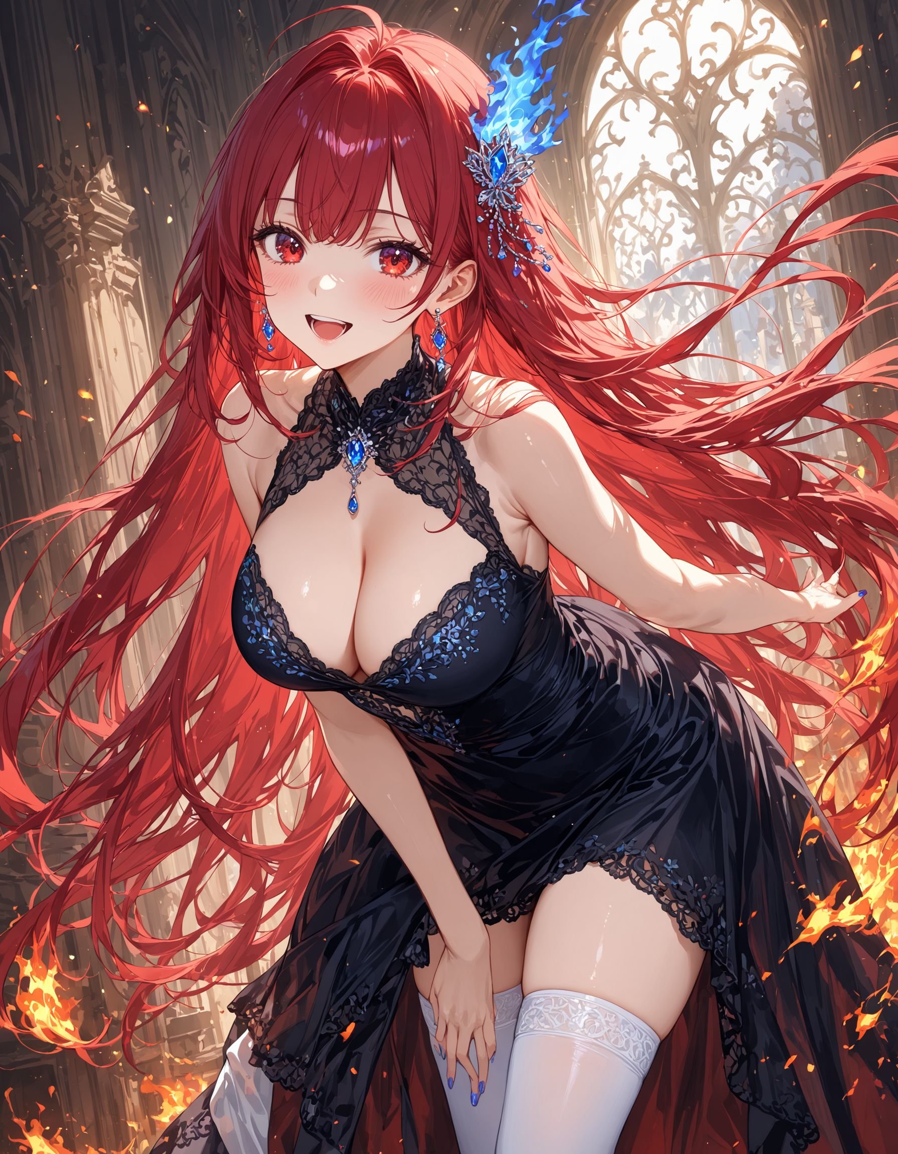 1girl, solo, long hair, breasts, looking at viewer, blush, smile, open mouth, bangs, large breasts, hair ornament, red eyes, thighhighs, dress, cleavage, bare shoulders, jewelry, very long hair, ahoge, :d, thighs, red hair, cowboy shot, earrings, sleeveless, hairclip, nail polish, black dress, white thighhighs, leaning forward, hair intakes, fire, blue fire, masterpiece, ultra-detailed, best quality ,intricate details,