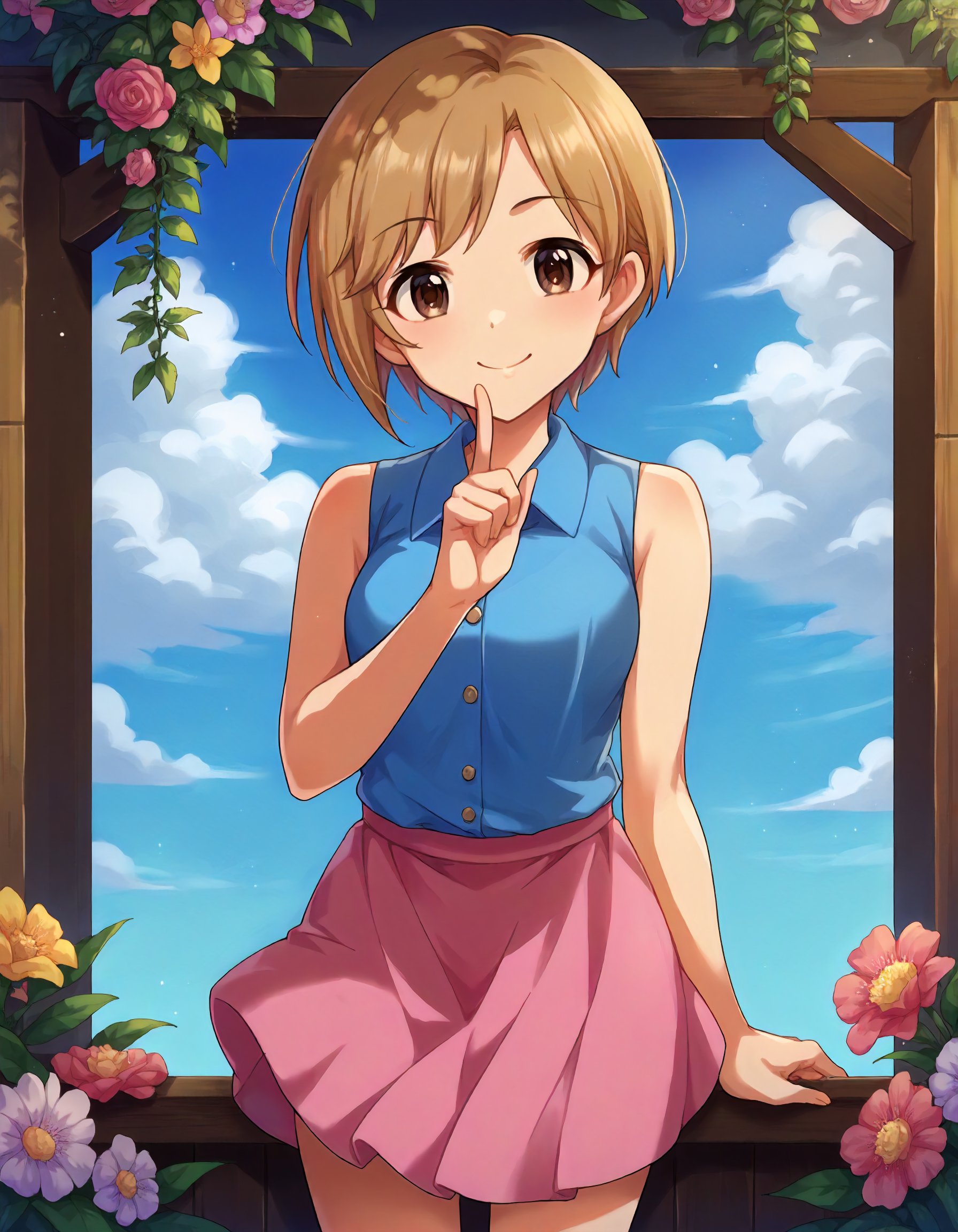 score_9,score_8_up,score_7_up,1girl,solo,cowboy shot,smile,looking at viewer,outdoors,flower,<lora:aibayumi_ponyXLV6:0.8>,cgaym,blonde hair + brown hair,short hair,brown eyes,blue shirt,sleeveless,pink skirt