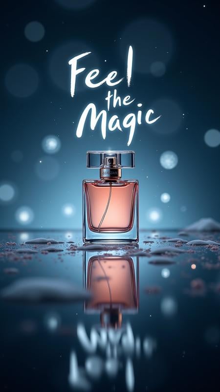 A modern perfume advertisement featuring a sleek glass bottle on a mirrored surface. The reflection on the mirror spells out "Feel the Magic," adding a mystical, elegant touch to the ad.  ,aidmatextimprover