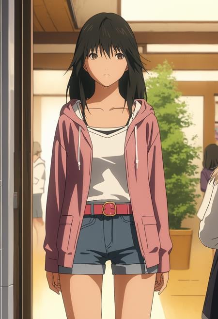 score_9, score_8_up, score_7_up, rating_safe, source_anime, anime, shorts, black hair, hood, belt, 1girl, long hair, hoodie, denim, denim shorts, solo focus, shirt, brown eyes, indoors, short shorts, white shirt, collarbone, jacket, casual, Outfit33, <lora:misakiya:1>