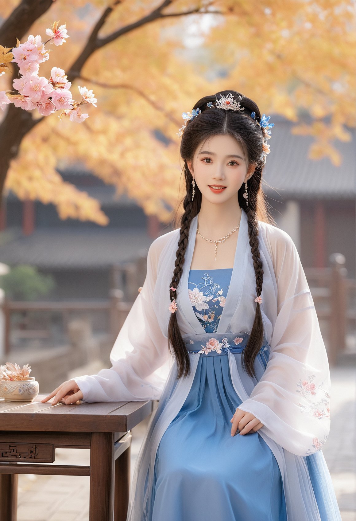 hanfu, jinghonghanfu, 1girl, jewelry, necklace, chinese clothes, solo, dress, hair ornament, black hair, realistic, blurry background, long hair, earrings, flower, looking at viewer, blurry, long sleeves, braid, tiara, brown hair, teeth, hair flower, tree, table, standing, outdoors, parted lips, blue dress, open mouth, masterpiece,best quality,high-resolution image,High quality,Superb lighting,Highly detailed,Sharp focus,8K UHD,