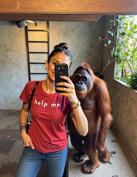 A medium shot selfie photo featuring a young woman and an orangutan, with indoor artificial lighting and a rustic setting captured in clear detail; the image features a warm color palette. The young woman, of Caucasian descent, has a fair skin tone with visible pores and natural texture, and her brown hair is tied back into a neat bun. She has a relaxed expression, smiling slightly as she takes the selfie with her phone, which is visible in the foreground of the mirror reflection. She wears a red shirt with the text "help me", and blue jeans, accessorized with bracelets and a small handbag slung over her shoulder. Standing beside her is an orangutan, slightly shorter in height with characteristic reddish-brown fur, standing comfortably with its gaze directed at the camera. The orangutan's expression is calm. The background shows an old, textured wall with a ladder-like decoration and some lush greenery. The warm artificial lighting adds depth to the scene, emphasizing the rough texture of the walls and the details of the subjects. The overall atmosphere is casual and playful, with the warm tones enhancing the rustic ambiance <lora:amateurphoto-v5-14-15-1-1:0.35>