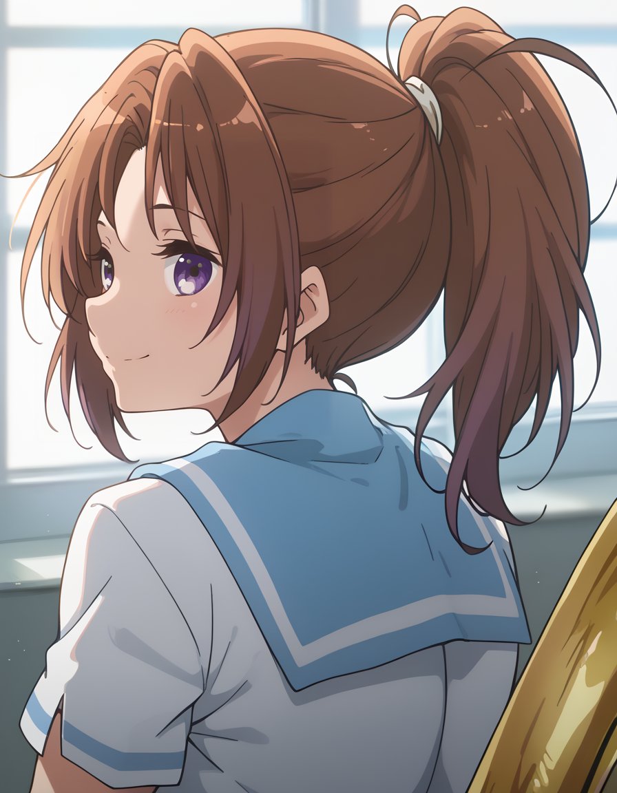 score_9, score_8_up, score_7_up, <lora:hibike!_euphonium_-_ natsuki_nakagawa:1>, nakagawa, long_hair, brown_hair, ponytail, purple_eyes, kitauji_high_school_uniform, short_sleeves, blue_sailor_collar, blue_skirt, white_shirt, blue_neckerchief, back_view over_shoulder_look slight_smile casual_pose