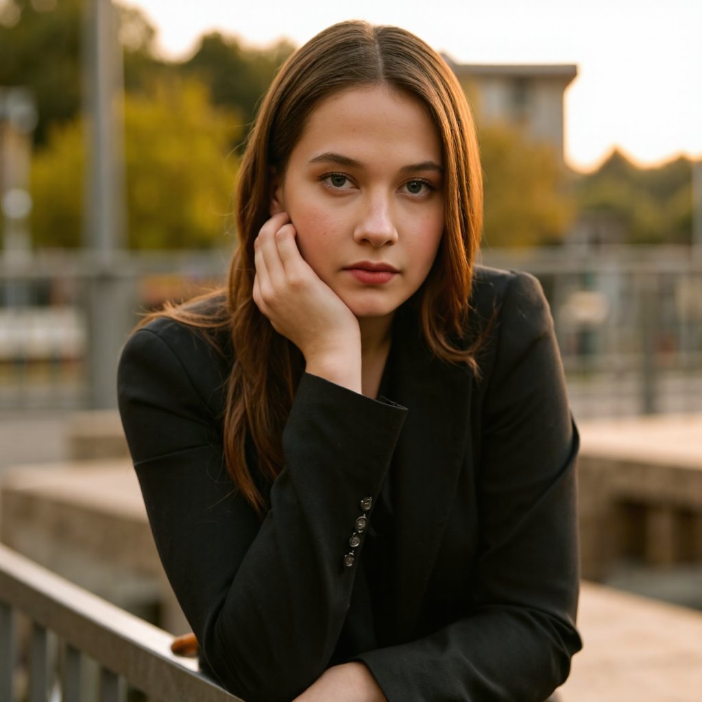 A portrait of cailee_spaeny captured in a candid moment. She leans against a metal railing, her hand resting on her chin. Her long, straight brown hair flows down her shoulders, and she wears a dark jacket with gold studs. The background is blurred, highlighting the subject. Soft lighting casts a warm glow on her face and the surrounding environment. The image conveys a serene and contemplative mood.