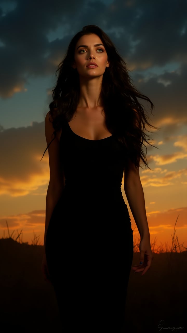 stylized by David Cronenberg, abstract art, Portrait, In a surreal landscape, the woman with long flowing hair and piercing green eyes gazes out at the sky. She wears a sleek black dress that contrasts beautifully against the backdrop of a sunset sky. aidmaabdhr