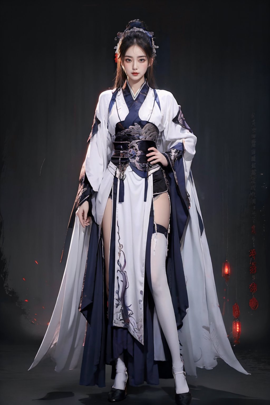 masterpiece,best quality,ultra detailed,1 women,solo,hip up,upper body,pelvic curtain,thighhighs,martial arts,accessories,white robe,<lora:martial arts:0.7>,