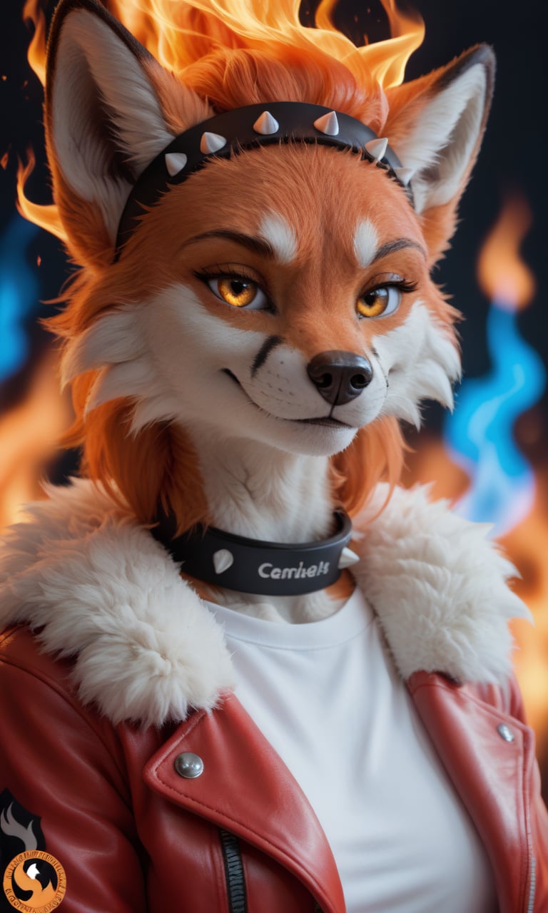 score_9, score_8_up, score_7_up, score_6_up, score_5_up, score_4_up, source_furry,realistic, photo,detailed face eyes and fur, BREAK,1girl, dark ambient, glow, (detailed fire background, blue fire AND red fire:1.1), anthro furry female fox, orange hair, glowing gradient orange yellow eyes, enface portrait, small, looking at viewer, intimidating, smirk, black headband, black collar with white spikes, flame hot red leather jacket, white shirt with fire logo, highly detailed, absurdres, cinematic lighting, soft, fluffy