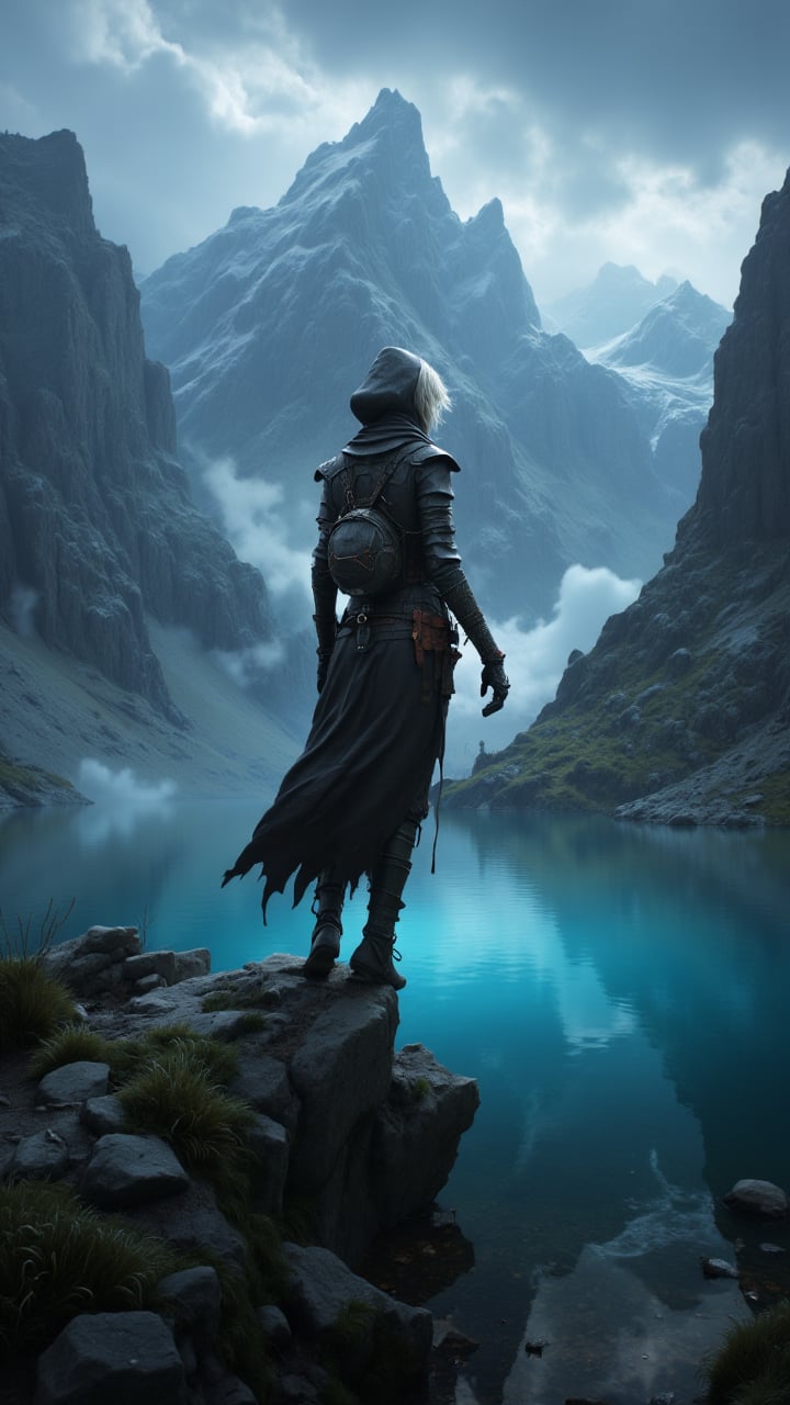 stylized by Jason Edmiston, character art, Cinematic still, Mountain lake, knee level shot of a (Female villain:1.2) , Hazy conditions, Ambient lighting, close-up, aidmaDarkfantasy