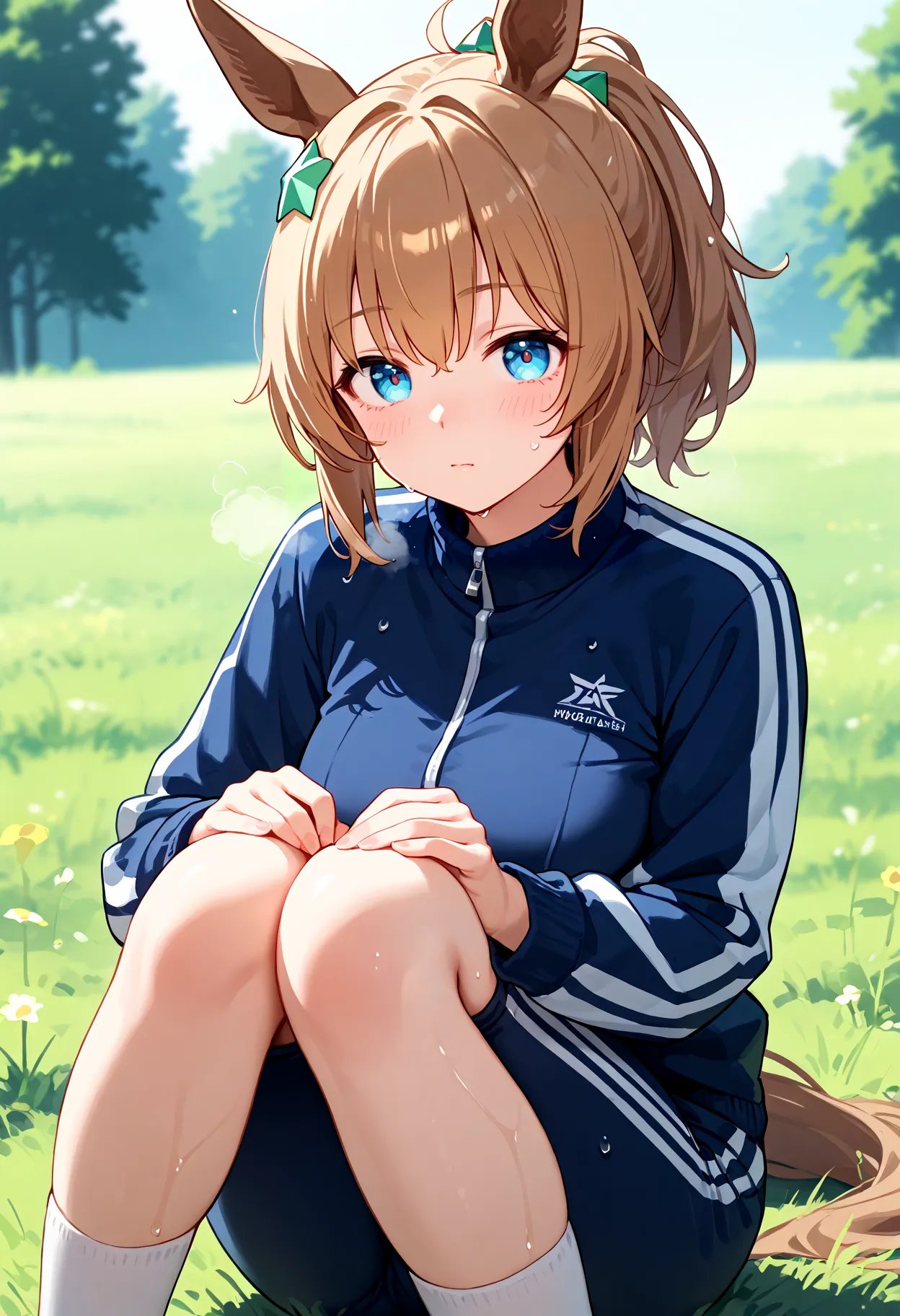 score_9, score_8_up, score_7_up, BREAK, best quality, masterpiece, very aesthetic, ultra detailed,very detailed background,BREAK,zPDXL3,Taiki, 1girl,solo, horse ears, horse tail, short hair, brown hair,  ponytail, blue eyes, wet skin,steaming body,tracksuit,sweat drop,field,daytime,school gym clothes,Tired,standing, hands on knees,steam,Open Jersey,sitting,front view,<lora:Taiki_Shuttle-ponyXL:0.9>