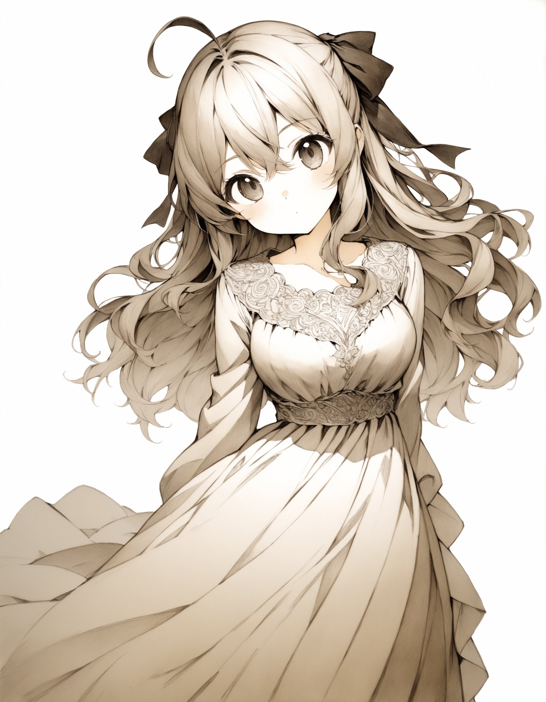 Cowboy shot. (Shooting from front:1.1). A cute girl. Solo. Neutral expression. Contrapposto. Head tilt. Looking at viewer. (Cute round face:1.25). Detailed eyes. Tareme. Long wavy hair. Hair ribbon. Ahoge. Hair between eyes. Detailed body. Medium breasts. Long dress. Simple dress. Long skirt. No background. White background. Cute style. Sepia color. Lineart. (Traditional media:1.2). Intricate details. Extremely detailed. Outstanding intricacies. (Masterpiece:1.2). (Best quality:1.2). (Absurdres absolutely resolution:1.4).