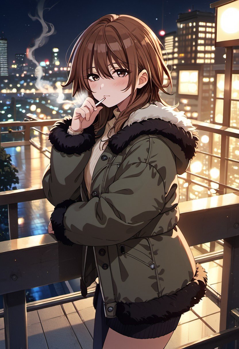 score_9, score_8_up, score_7_up, source_anime, aketa mikoto, brown hair, brown eyes, long hair, 1girl, solo, looking at viewer, night, railing, city lights, blush, outdoors, fur trim, jacket, hood, cityscape, cigarette