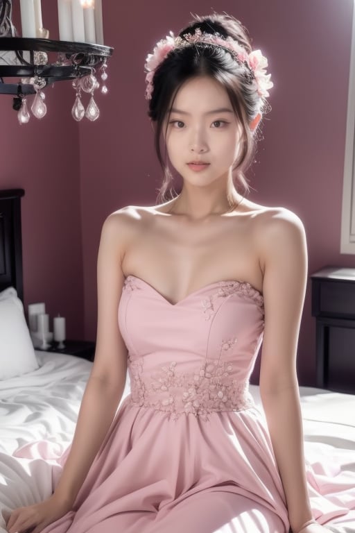 A young Asian woman wearing a flower wreath,a woman,dressed in a white strapless dress,is holding a white rabbit in her left hand. Her right arm is draped in a light pink frock,adorned with a white ribbon. The woman's left arm is positioned in front of a white bed with a pink bedspread on it,adding a touch of color to the scene. The backdrop,a pink wall,is adorned with white windows,creating a stark contrast to the woman's white dress. A chandelier is adorned in the upper right corner of the frame,,<lora:zhangyuzi:1>