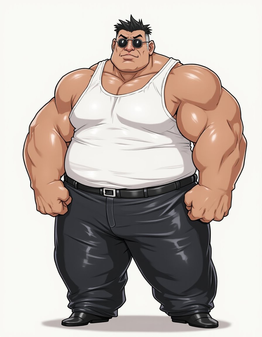 <lora:FLUX_CNSilver2Joe:1>2boys, 2msilverjoe, 2boys, 2msilverjoe, ass, bag, bara, biceps, black hair, bulge, full body, leather pants, mature male, muscular, muscular male, old, pectorals, scar on face, shirt, short hair, sunglasses, thick arms, uniform, white tank top