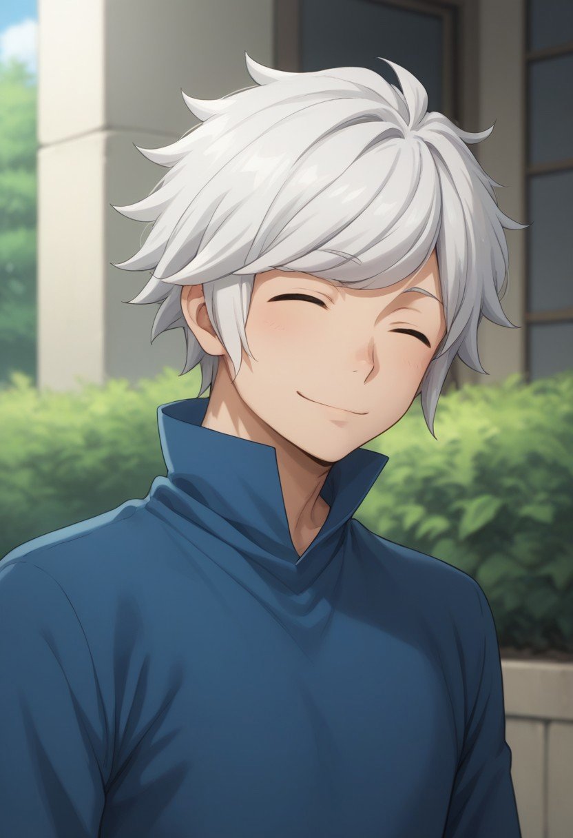 score_9, score_8_up, score_7_up, source_anime, highly detailed, belcranel,  1boy, male focus, solo, white hair, closed eyes, shirt, blue shirt, high collar, upper body, smile, outdoor,