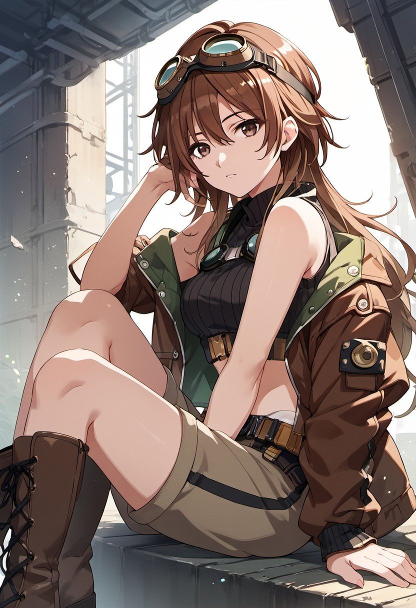 score_9, score_8_up, score_7_up, source_anime, aketa mikoto, brown hair, brown eyes, long hair, 1girl, goggles, solo, goggles on head, jacket, navel, looking at viewer, crop top, midriff, sleeveless, sitting, boots