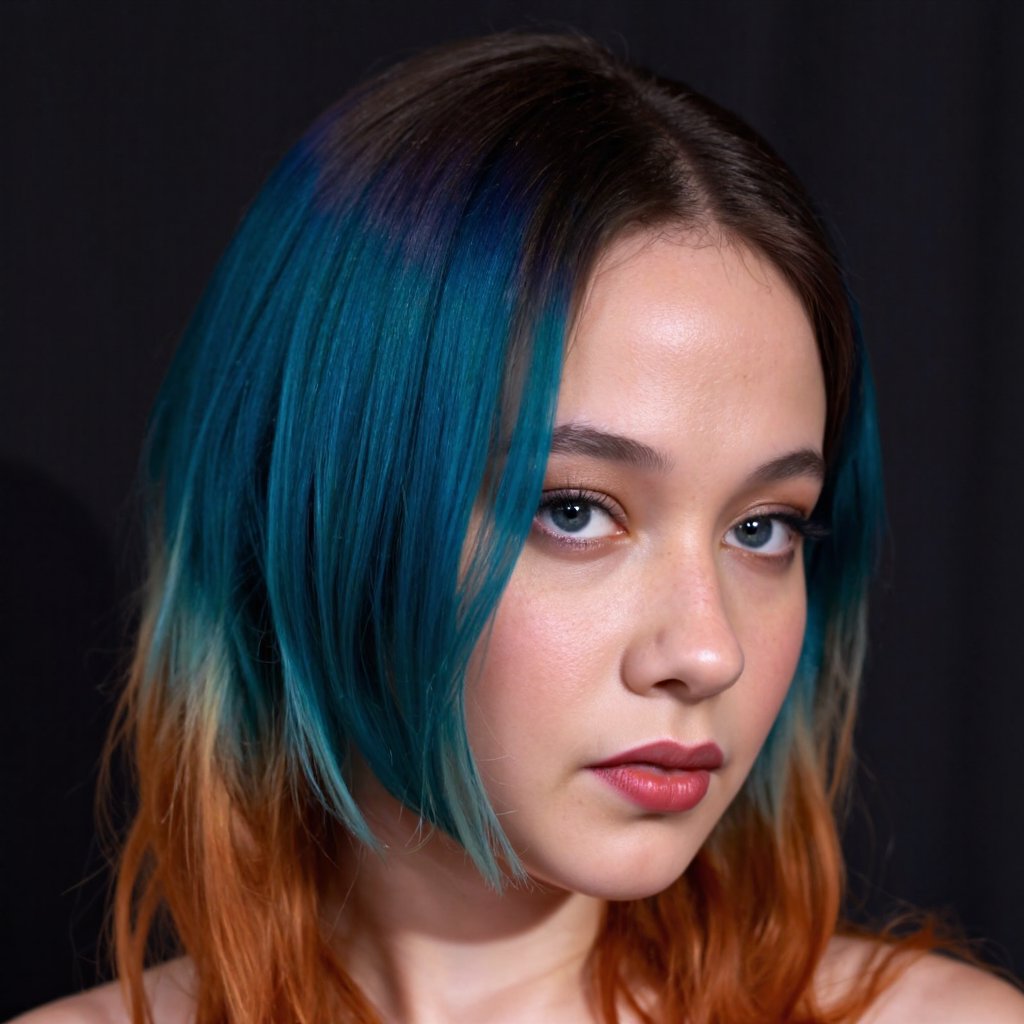 A side profile portrait of cailee_spaeny with a vibrant, multicolored hairstyle. The hair is a mix of blue, turquoise, and orange streaks, creating a gradient effect. The person's skin is pale, and their gaze is directed slightly to the side. The background is a dark, textured wall, contrasting with the bright colors of the hair. Soft lighting illuminates the hair, highlighting its texture and depth. The overall mood of the image is contemplative and serene.