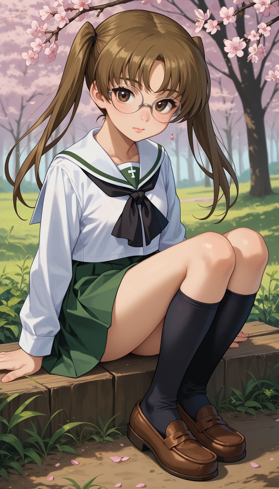 score_9, score_8_up, score_7_up, source_anime, outdoors,cherry blossoms,standing,cowboy, sitting,  <lora:GUPAya :1>, GUPAya , 1girl, glasses, twintails, brown eyes, brown hair, long hair, ooarai school uniform,white sailor collar,black neckerchief,white shirt,long sleeves,green skirt,black socks,loafers