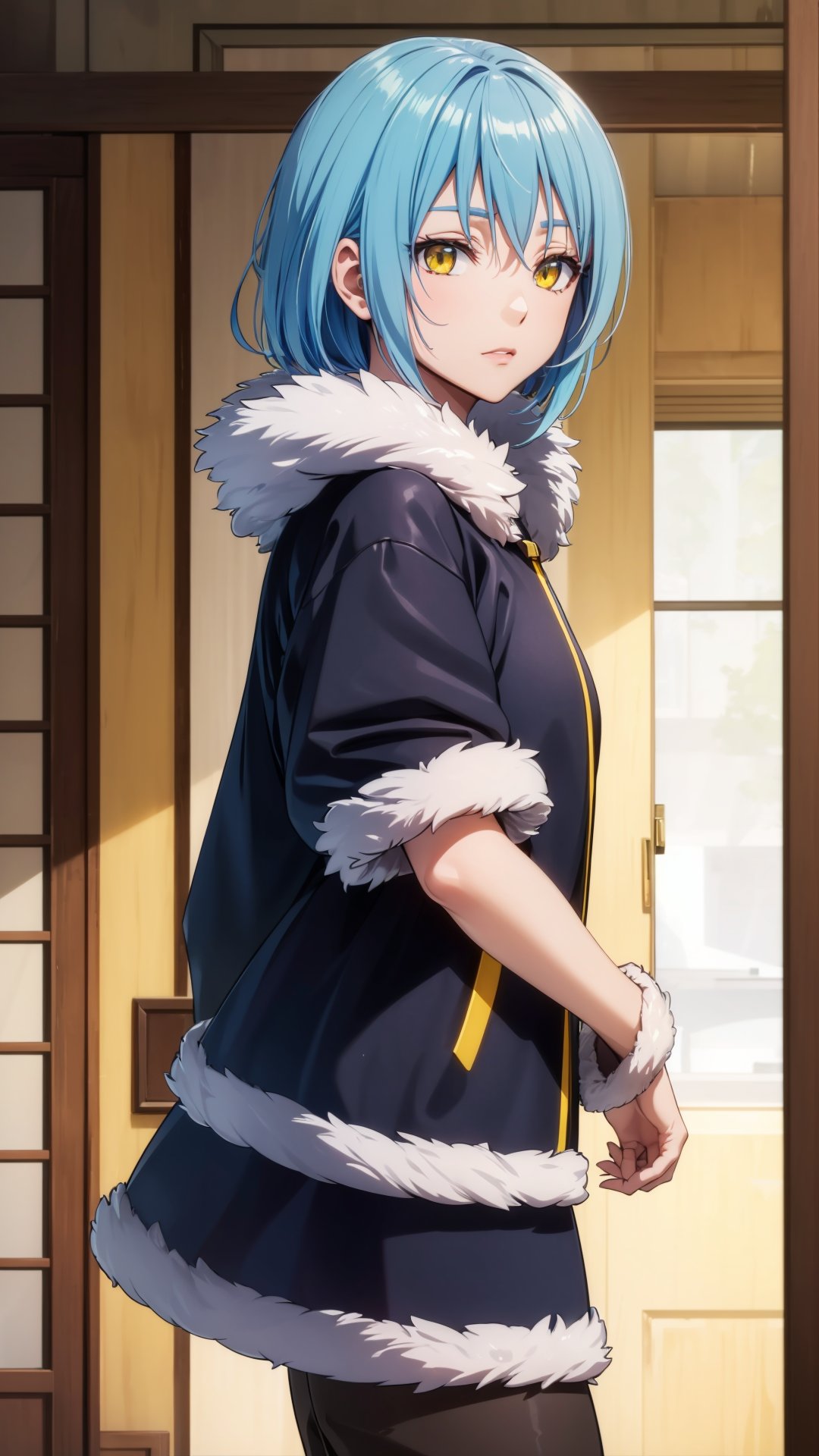 (masterpiece, best quality), ray tracing, absurdres, HDR, rimuru tempest, female, blue hair, yellow eyes, 1girl,solo, fur trim, jacket, fur-trimmed sleeves, fur-trimmed jacket, short sleeves, , <lora:rimuru female_v9:0.7>