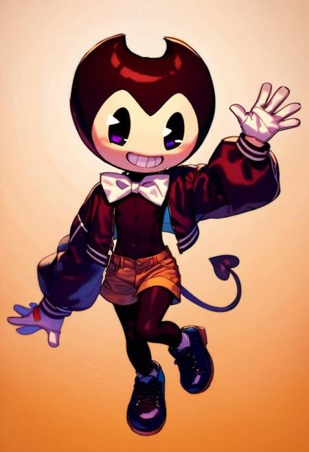 score_9, score_8_up, score_7_up ,score_9, score_8_up, score_7_up, source_cartoon,( Bendy dancing), small male, cute, smiling, showing teeth, white face, pie cut eyes, black skin, bowtie, oversized jacket, white glove, black shoe, shorts, demon tail, thick thigh, thigh high, stage background, <lora:StS_detail_slider_v1:2>kawakami_rokkaku:0.5,<lora:Urushima:0.5>,