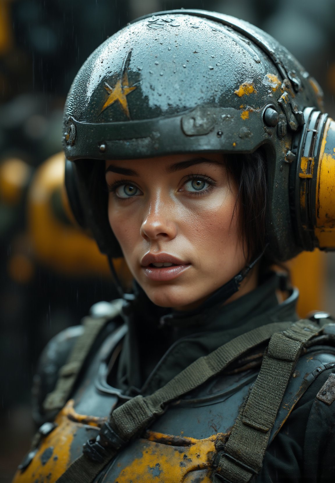 cinematic film still portrait of a solo female mech pilot standing in front of her (large combat mech:1.3), scifi armor, military base, heavy rain, full scifi helmet, visor, detailed eyes, dry skin, skin fuzz, visible skin hair, skin blemishes,, shallow depth of field, vignette, highly detailed, high budget Hollywood film, bokeh, cinemascope, moody, epic, gorgeous, film grain ,caldariflux