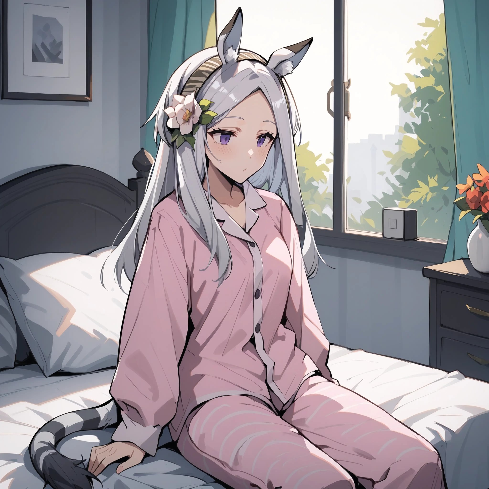 score_9, score_8_up, score_7_up, score_6_up, anime style, source_anime, BREAK1girl, solo, bedroom, pink pajamas, sitting on bed,<lora:Heavyrain_pony-000014:1> normalrain, animal_ears, long_hair, horse_ears, purple_eyes, hairband, grey_hair, hair_ornament, hair_flower, white_hair, striped tail, 