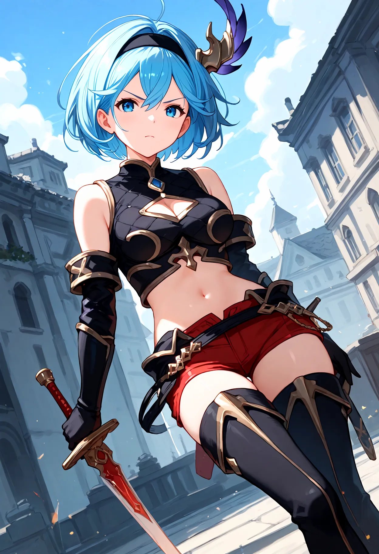 score_9, score_8_up, score_7_up, BREAK, best quality, masterpiece, very aesthetic, ultra detailed,very detailed background,BREAK,zPDXL3,Djeeta,Djeeta_COE,short hair, blue hair, hair ornament, blue eyes, hairband, black gloves, elbow gloves, midriff, black armor, red shorts, cleavage, belt, cleavage cutout, boots, thighhighs, (bare shoulders:1.2), waist armor,dutch angle, sky,day,cloud,serious,sword,holding,<lora:Djeeta-ponyXL:1>