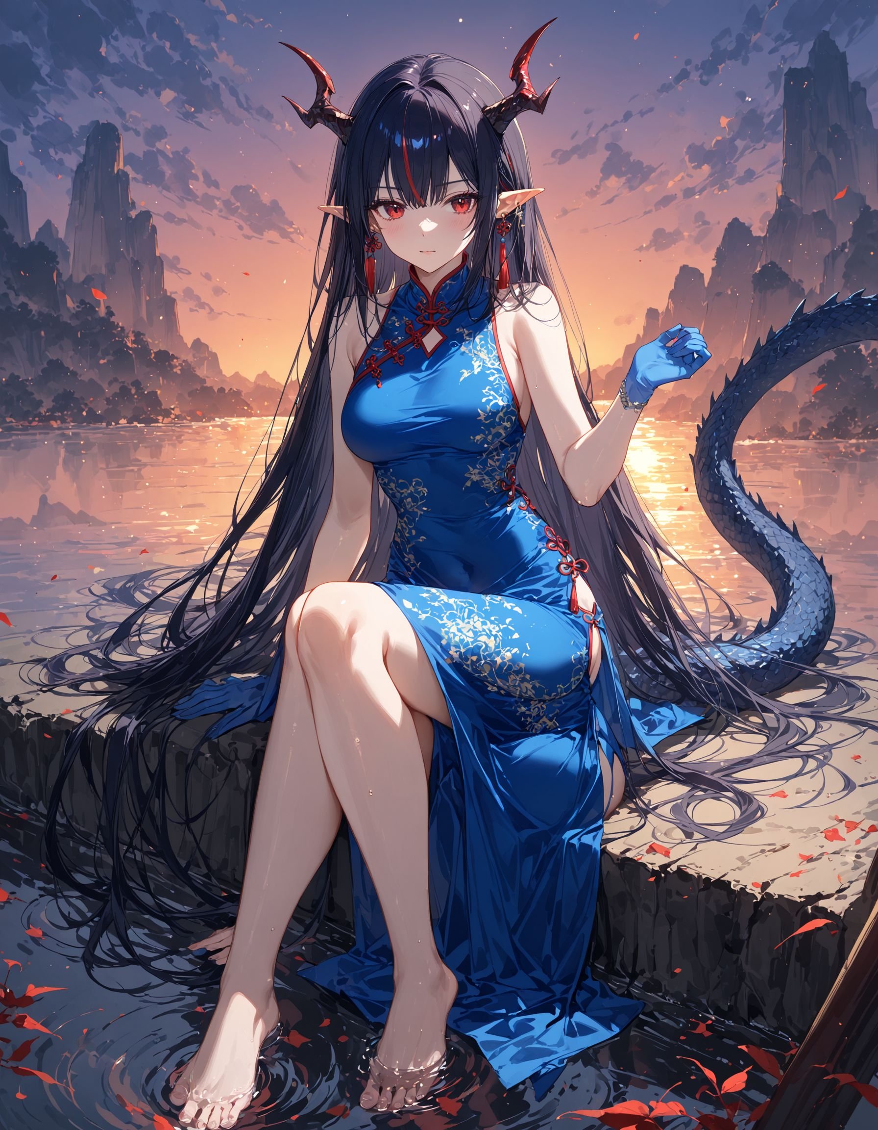 1girl, solo, long hair, breasts, black hair, red eyes, dress, bare shoulders, jewelry, medium breasts, sitting, very long hair, tail, full body, multicolored hair, earrings, horns, barefoot, sleeveless, pointy ears, hand up, water, official alternate costume, streaked hair, bare legs, sleeveless dress, blue dress, colored skin, chinese clothes, china dress, pelvic curtain, dragon horns, dragon girl, blue skin, dragon tail, soaking feet, tassel earrings, dusk \(arknights\), masterpiece, ultra-detailed, best quality ,intricate details,