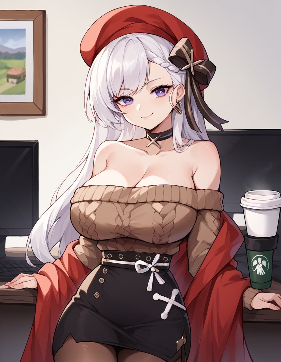 score_9, score_8_up, score_7_up, source_anime, <lora:azur-lane-belfast-ponyxl-lora-nochekaiser:1>, belfast, belfast (azur lane), braid, french braid, large breasts, long hair, sidelocks, white hair, purple eyes,, aran sweater, bare shoulders, beret, black skirt, brown pantyhose, brown sweater, choker cleavage, colalrbone, fringe trim, high-waist skirt, hoob earrings, long sleeves, miniskirt, off-shoulder sweater, off shoulder red hat, shawl,, home office, working from home, computer screen, coffee cup, focus, deadline, , , smug, solo,, cowboy shot, dutch angle,