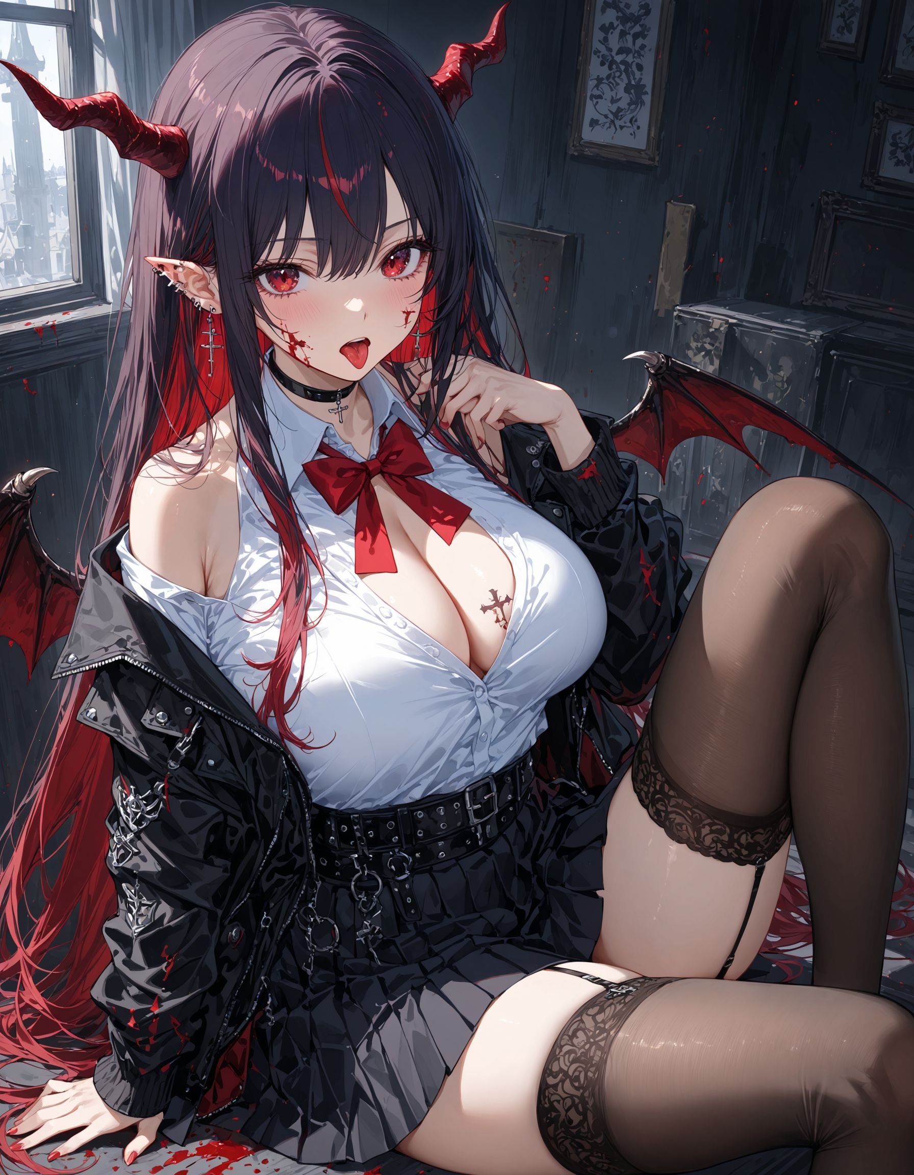 1girl, solo, long hair, breasts, looking at viewer, open mouth, bangs, skirt, large breasts, shirt, black hair, red eyes, thighhighs, long sleeves, bow, cleavage, hair between eyes, jewelry, sitting, very long hair, jacket, white shirt, red hair, multicolored hair, pleated skirt, earrings, open clothes, wings, horns, choker, tongue, pointy ears, collared shirt, belt, black thighhighs, indoors, tongue out, miniskirt, bowtie, black skirt, off shoulder, red bow, two-tone hair, open jacket, black jacket, blood, tattoo, garter straps, piercing, cross, ear piercing, red bowtie, blood on face, colored inner hair, blood on clothes, masterpiece, ultra-detailed, best quality ,intricate details,