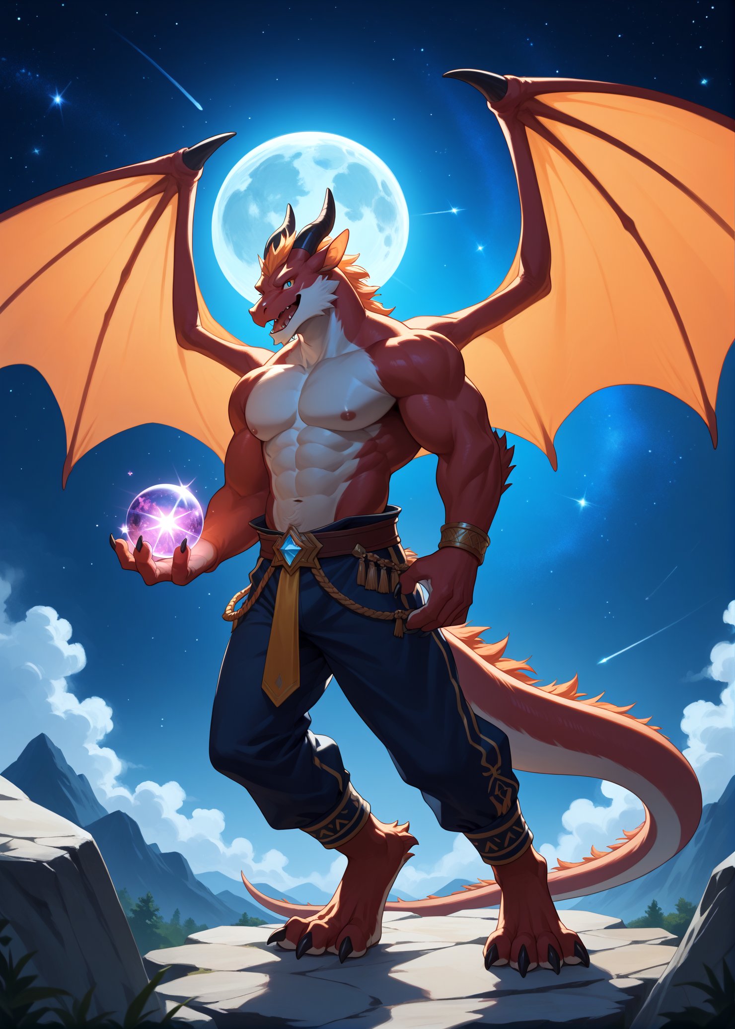 score_9,score_8_up,score_7_up,score_6_up,furry,kemono,high quality,full body,tail,furry,rating_explicit,embedding:zPDXL3 BREAK anthro male furry,solo,Animation style,source_anime,lifelike,bara,perfect anatomy,,dragon,Universe,nebula,space,stars:,many Magic transparent glowing Butterfly,Colorful starry sky Magic two bat wings ,bright light ball on one hand, fantasy,colorful,brilliant,halo,sfw,Fundoshim,one hand raised,8k