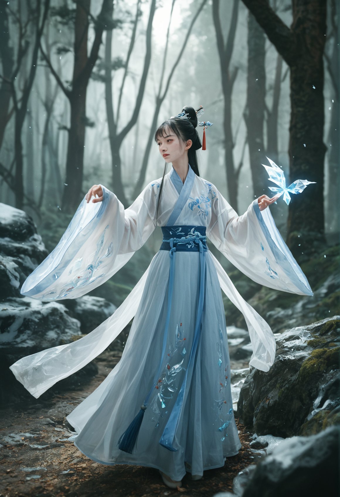 score_9,score_8_up,score_7_up,score_6_up,score_5_up,score_4_up,hanfu,wide sleeves,long sleeves,sleeves past fingers,see-through,hair stick,hair ornament,A Chinese girl in Hanfu fighting zombies with ice magic using ice crystals in a forest,