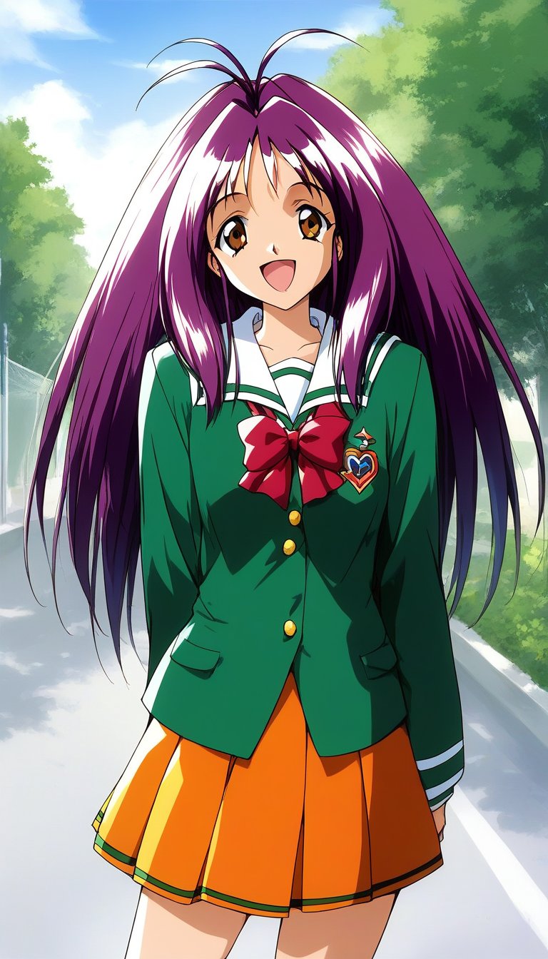 score_9, score_8_up, score_7_up, source_anime, rating_explicit, BREAK  <lora:Kotobuki_Miyuki_XL:1> Kotobuki_Miyuki, purple hair, long hair, brown eyes, antenna hair,1girl, solo, school uniform, skirt, outdoors, open mouth, smile, orange skirt, green shirt, looking at viewer, day, shirt, long sleeves, pleated skirt, bow, :d, sky, red bow, standing, 1990s (style), miniskirt, 